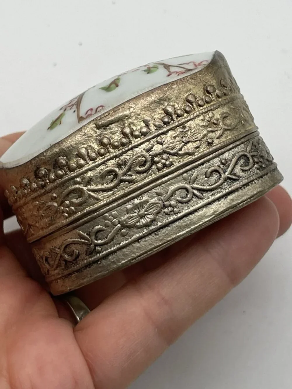 Vintage Chinese Porcelain Shard Trinket Box Tree Branch Floral Print